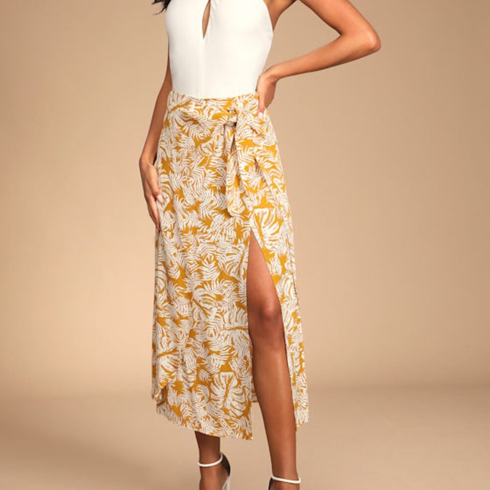 Lulus Ocean Breezes Mustard Yellow Tropical Print Faux-wrap Midi Skirt - Size M
